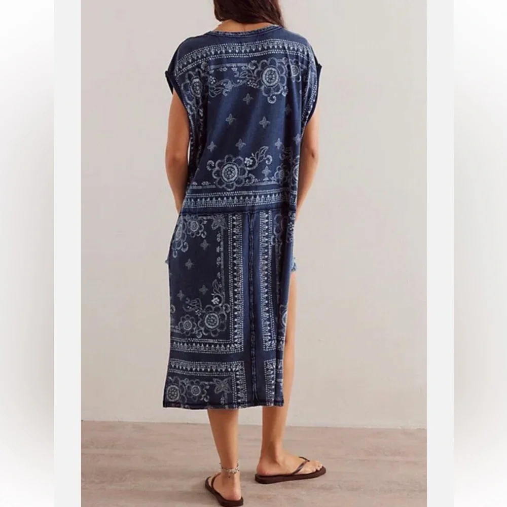 Free People Navy Blue Bandana Print Short Sleeve Tunic